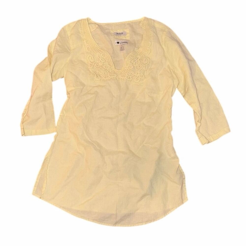 Malvin butter yellow 100% linen tunic blouse top lagenlook coastal breezy chic L